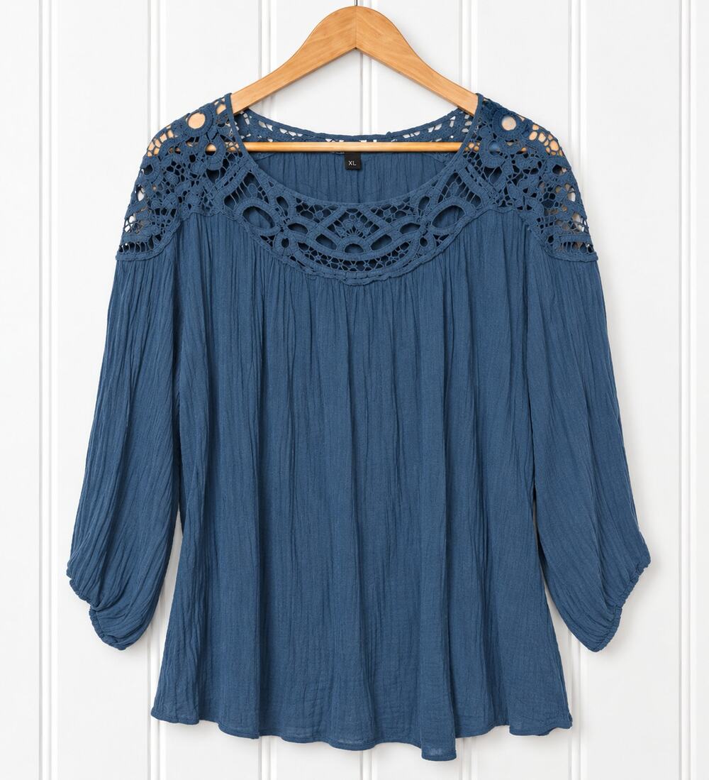 ZAC & Rachel Woman Royani Blouse 3x Teal Crochet Boho 3/4 Sleeve Tunic Top